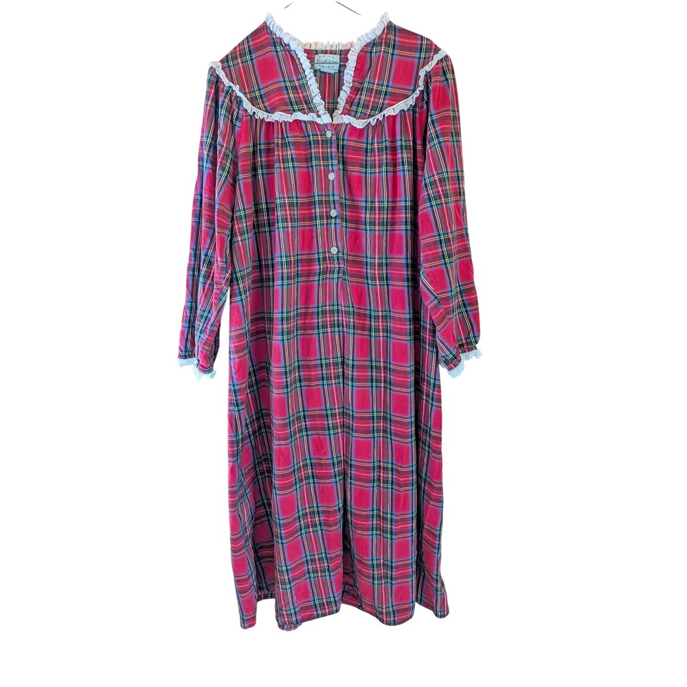 Lanz of Salzburg Vtg Nightgown M Cottagecore Grandma Victorian Plaid Heart Lace